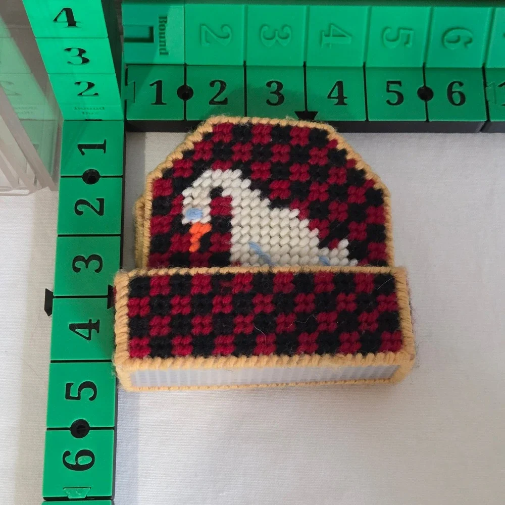 Vintage Needlepoint Plastic Canvas Goose Coaster Set w/ Holder Handmade Checker